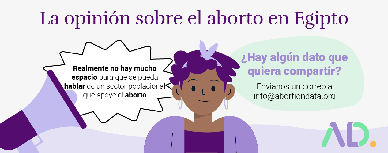 Illustration about Aborto en Egipto opinion, showing a person with a speech bubble saying it's rare to find public support for abortion, plus contact info for sharing data.