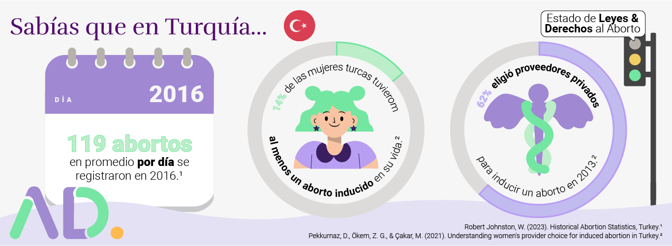 Infographic about abortion in Turkey: In 2016, there was an average of 119 abortions per day. 18% of Turkish women had at least one abortion, and most in 2013 chose private providers.