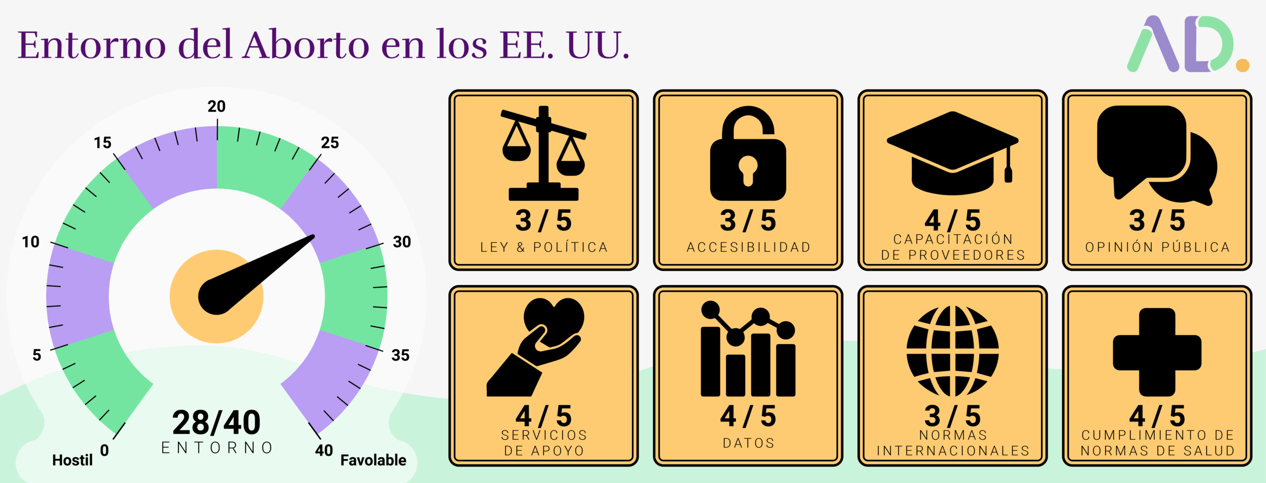 Infographic titled "Abortion Environment in the U.S." depicts ratings with an overall score of 28/40. Categories explored are law, accessibility, training, opinion, services, data, standards, and health. Nepal's policies serve as a comparative backdrop for understanding global abortion landscapes.